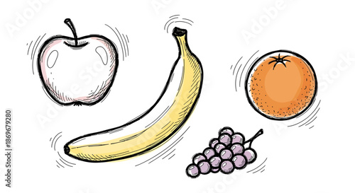 Fresh fruits arrangement including apple, banana, grapes, and orange on a clean background from a straightforward viewpoint