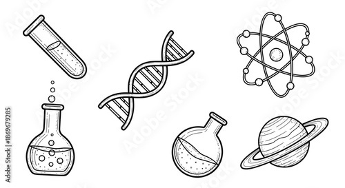 Scientific illustrations of DNA, atoms, planets, and laboratory equipment for educational purposes viewed from a straightforward perspective