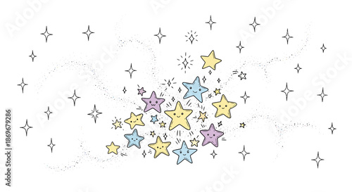 Whimsical illustration of colorful stars bursting in a celestial scene from a direct viewpoint