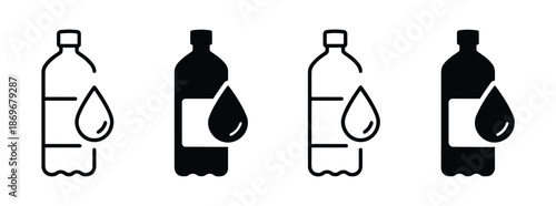 Water bottle icon flat and stroke style pack. Modern water bottle icons with droplets for hydration themes. Set of black vector bottle icons. Plastic bottle icon set. Black water bottles type illustra