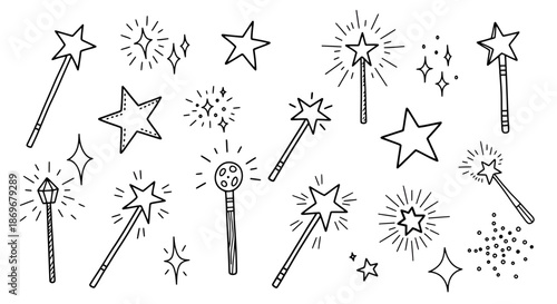 A collection of whimsical magic wands and stars, illustrated in a simple black line style on a plain background
