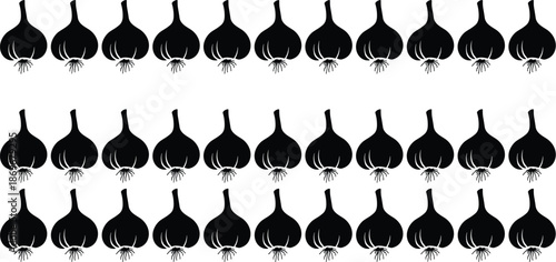 Garlic bulb pattern, black garlic illustration, stylized vegetable design, seamless grid layout, culinary art, food texture, kitchen decor print