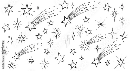 Whisk vector illustration of shooting stars and celestial bodies in various motion trails and sparkles