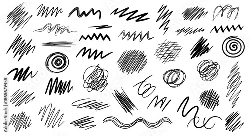 Assorted Hand-Drawn Scribbles and Patterns in Black Ink on White Surface, Whisk-Inspired Illustration, Close-Up View