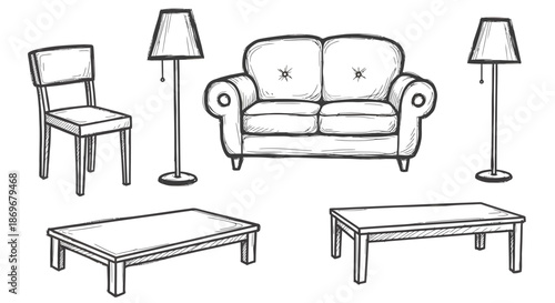 Black and white illustration of a living room setup with furniture including a sofa, chair, coffee tables, and lamps from a top-down view.