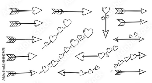 A collection of hand-drawn arrows and hearts in various directions on a clean background viewed from directly above.