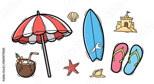 Beach accessories and summer vacation elements arranged around a central focal point, viewed from directly above