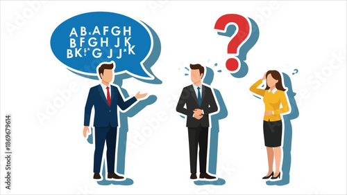 Business people confused by jargon unclear message or communication problem.