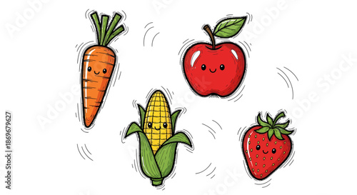 Assorted cartoon vegetables and fruits including carrot, corn, apple, and strawberry floating in mid-air