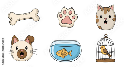 Collection of cartoon animals and pet accessories in a playful vector illustration