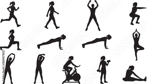 Dynamic collection of black silhouettes showcasing various fitness and exercise routines, perfect for illustrating health, wellness, and active lifestyle concepts