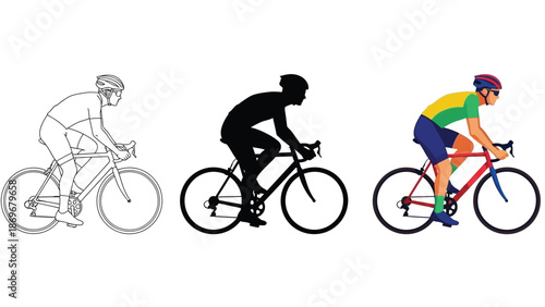 Set of three cyclist illustrations outline drawing, black silhouette, and fullcolor vector graphic, all a