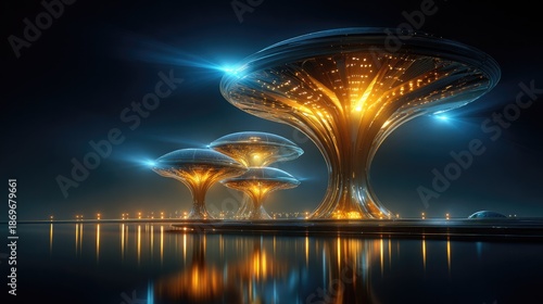 Futuristic Cityscape: A mesmerizing portrayal of a technologically advanced city at night, with illuminated structures reflecting on the calm water, evoking a sense of wonder and innovation.