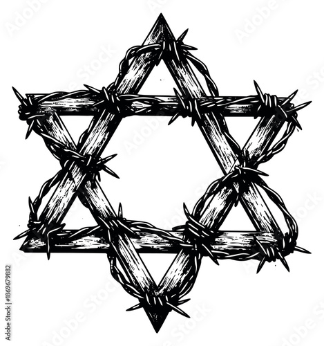Hand drawn line art illustration of a Star of David depicting barbed wire for historical themes and remembrance