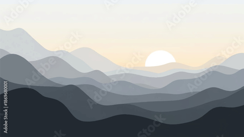 Serene mountain landscape illustration at sunrise with layered hills and a soft gradient sky