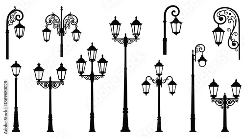 An assortment of ornate black street lamps in various styles and designs