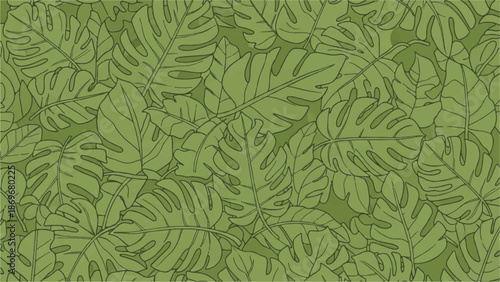 A serene illustration of lush green leaves pattern in a seamless design viewed from directly above in a natural environment