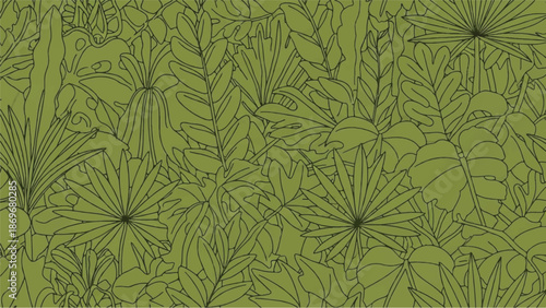 A serene illustration of lush green plants and flowers in a natural setting from a top-down viewpoint showcasing a calming environment with various leafy greens and blooms.