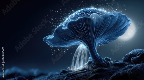 Mystical Mushroom's Embrace: An otherworldly luminous mushroom emanates enchantment, its form sculpted by ethereal light and cosmic energy, captivating the viewer with its mysterious allure.