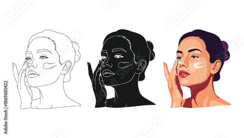 Set of three illustrations of a woman applying face cream or skincare product, showing outline, silhouette, and full color versions