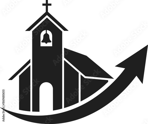 Modern church growth logo icon featuring Christian chapel with upward arrow symbolizing faith, progress, success, and spiritual community development