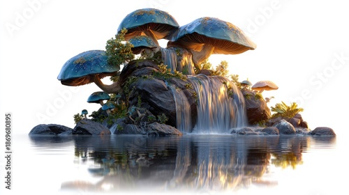 Mystical mushroom island: Witness a serene scene with an exquisite mushroom island with cascading waterfall. Envision the magical combination of fantasy, nature, and art.
