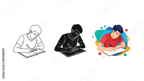 Set of three illustrations of a young man writing in a notebook line art, silhouette, and colorful flat design vector