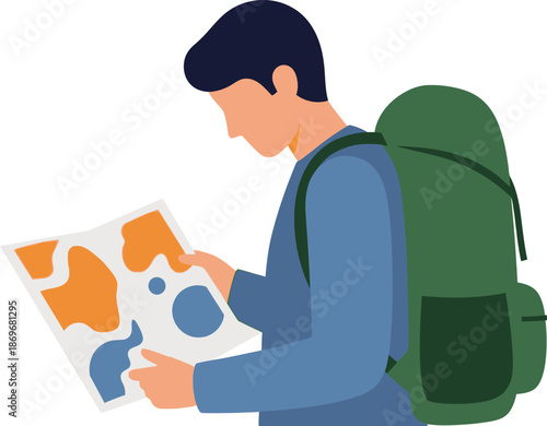 A dedicated male traveler with a green backpack intently studying a paper map, symbolizing adventure, route planning, and the spirit of discovery for any journey