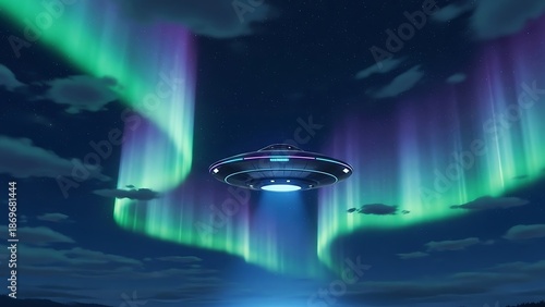 Futuristic UFO spacecraft hovering under colorful aurora borealis in a starry night sky, glowing lights creating a mysterious science fiction atmosphere and cosmic wonder.