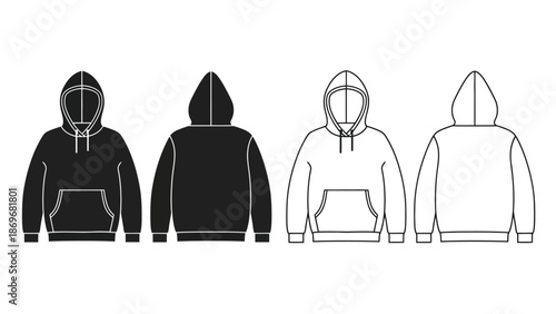 Four hoodie designs front and back views in black and white