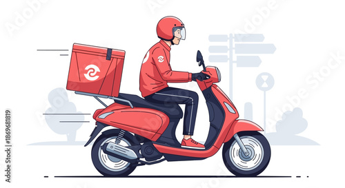 Delivery rider on red scooter with large insulated food bag speeding through city street with transport and logistics and service and fast and moving