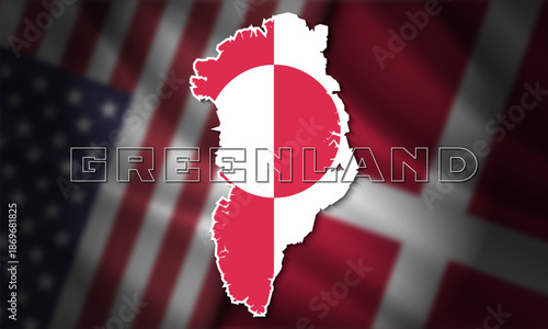 Vector political banner. Blurred darkened wavy flags of USA and Denmark. Bright map of Greenland. Relations between the countries