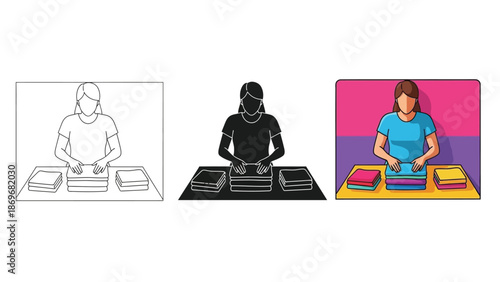 Woman folding clothes or laundry a table, presented in three styles outline, silhouette, and full color illustration, depicting household chores or textile work