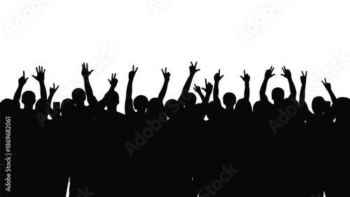 A crowd of people raising their hands in the air against a white background