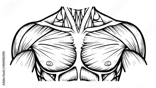 Flat vector illustration of male chest muscles isolated, gym anatomy style, fitness training illustration, clean lines, modern workout vector, educational sports graphic