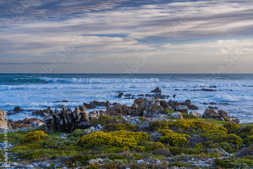 Meeting point of Atlantic and Indian Ocean in Cape Agulhas, South Africa. Garden Route