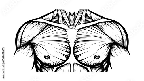 Flat vector illustration of male chest muscles isolated, gym anatomy style, fitness training illustration, clean lines, modern workout vector, educational sports graphic