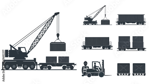 Industrial equipment silhouette cranes cargo trains forklifts and container transport