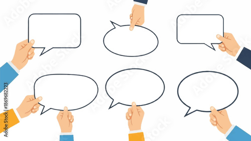 Multiple hands holding blank speech bubbles in a collaborative discussion setting from a top-down viewpoint