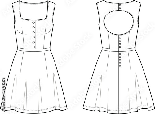 Fashion technical flat sketch of sleeveless dress with square neckline, button front, open back cutout detail, pleated skirt, vector template.