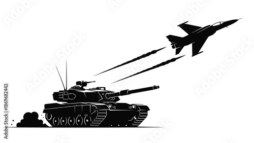 A military scene depicting a fighter jet and a tank in action