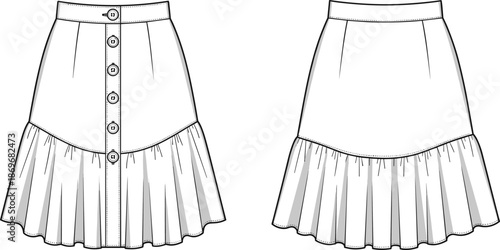 Technical fashion sketch of a women button front mini skirt, ruffled hemline, high waisted A-line silhouette flat drawing, garment template.