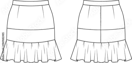 Technical fashion sketch of a women high waisted mini skirt, tiered ruffle hemline, fitted silhouette, front and back view template.