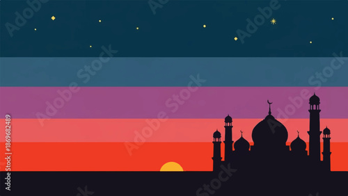 Silhouette of a mosque at sunset with stars in the night sky