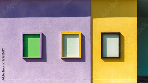 outdoor shopping center wall with colorful advertising frames including a purple frame featuring a green screen and a yellow frame, designed for marketers and brands to present ads