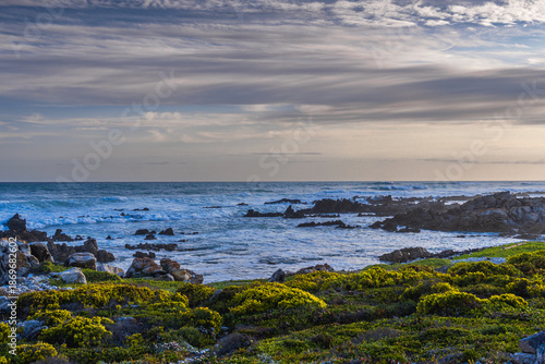 Meeting point of Atlantic and Indian Ocean in Cape Agulhas, South Africa. Garden Route