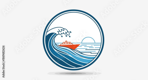 A red ship sails through a large blue wave in a circular graphic with a sun on the horizon with ocean and illustration and sailing and transportation