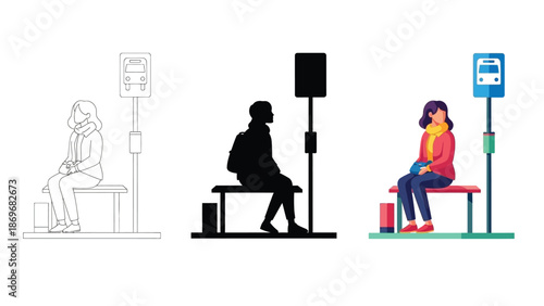 Woman waiting for bus at stop in three styles outline, silhouette, and color illustration