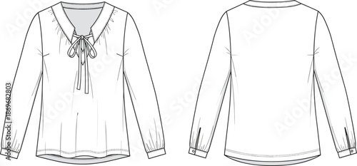 Technical fashion sketch of a women long sleeve peasant blouse, v-neckline with tie detail, gathered collar and button cuffs template.