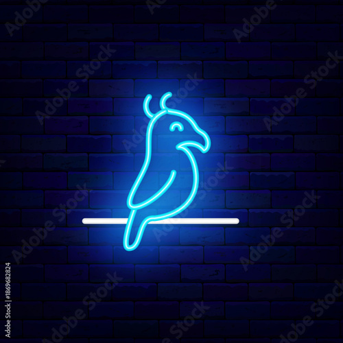 Minimal parrot neon icon. Exotic bird. Animal care center. Veterinary, training and grooming. Domestic animal. Blue human pet. Light sign. Editing text. Vector stock illustration